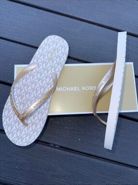 Michael Kors White and Gold MK Monogram Flip Flops